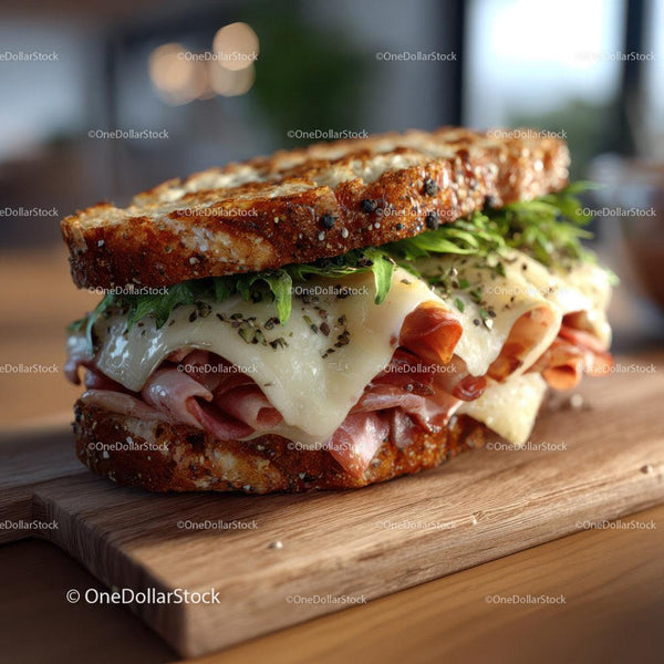 Close-Up of Gourmet Sandwich with Melting Cheese and Fresh Greens