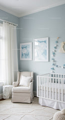 Elegant Nursery with White Baby Crib and Pastel Wall Art