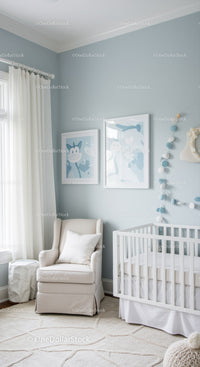 Elegant Nursery with White Baby Crib and Pastel Wall Art