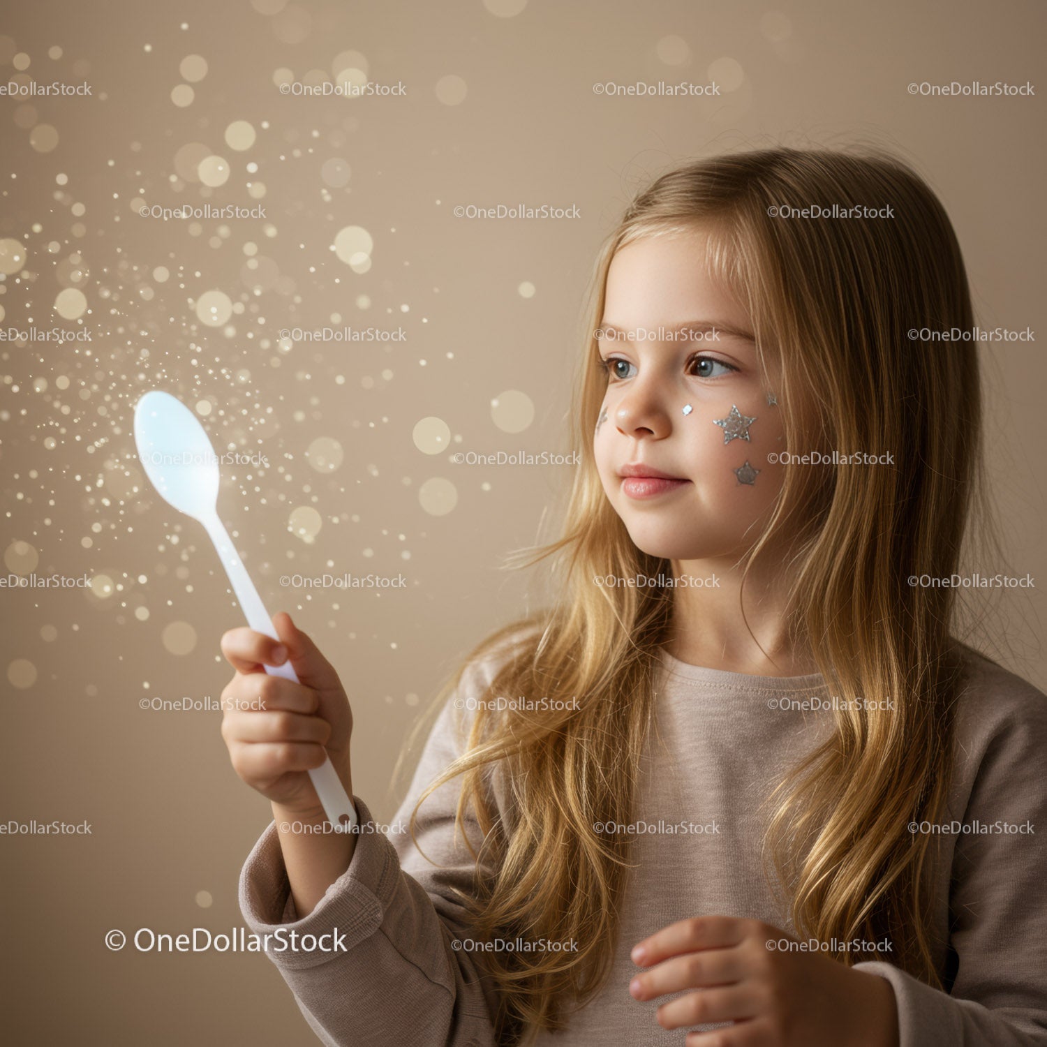 Little girl holding spoon with magical glowing sparkles