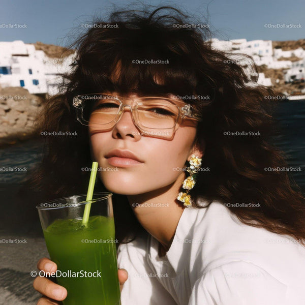 Stylish Woman Drinking Green Juice at Beach Sunshine Scene