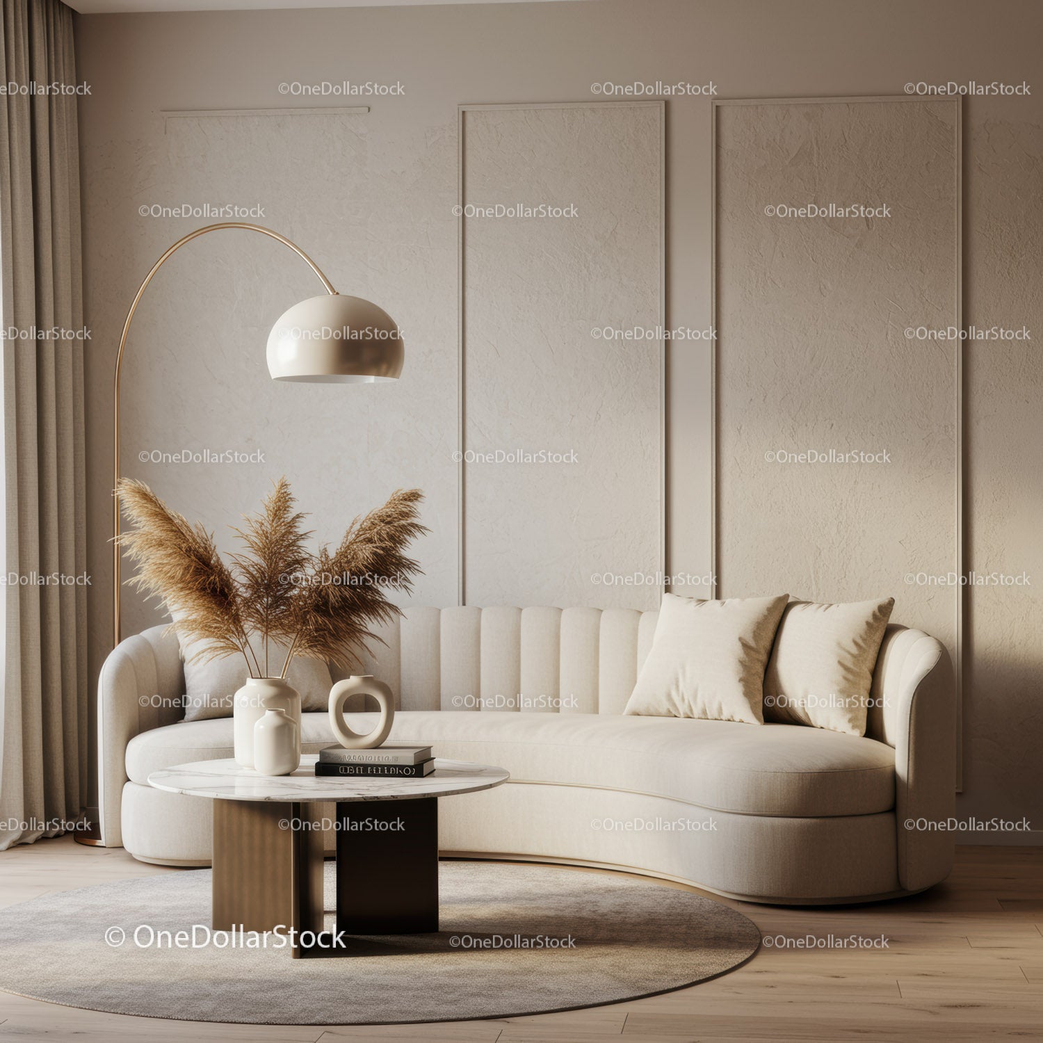 Przytulny beżowy salon z nowoczesną, wygiętą sofą i wystrojem