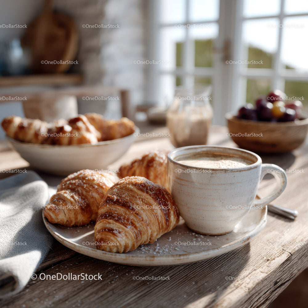 Rustic Breakfast with Croissants Coffee and Fresh Fruit