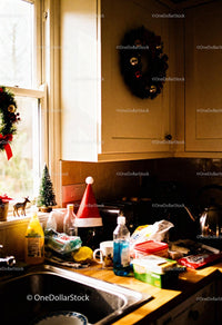 Cozy kitchen counter decorated for Christmas holidays