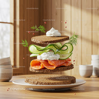 Fresh salmon sandwich with cucumber and dill cream