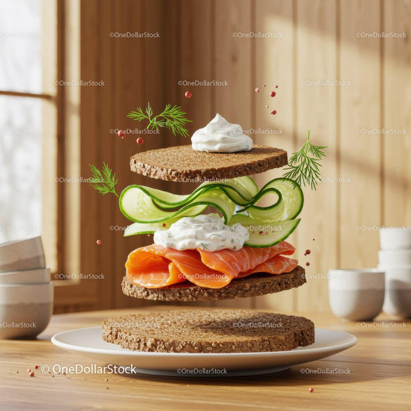 Fresh salmon sandwich with cucumber and dill cream