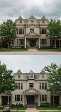 Classic suburban house with lush green surroundings