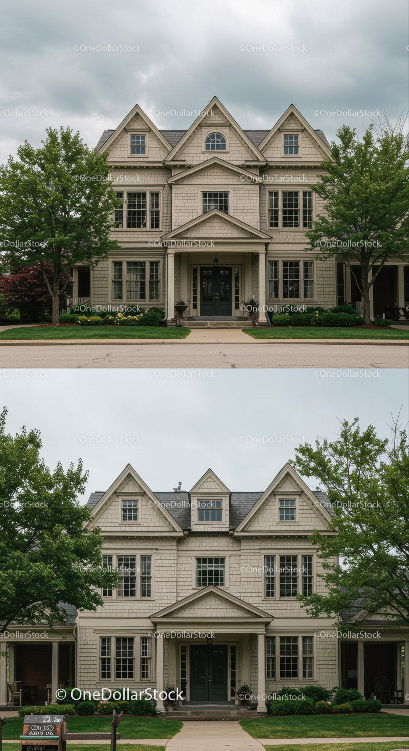 Classic suburban house with lush green surroundings