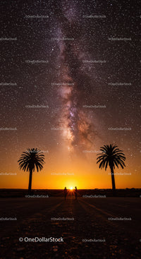 Stunning Milky Way over Sunset with Palm Trees and Silhouettes