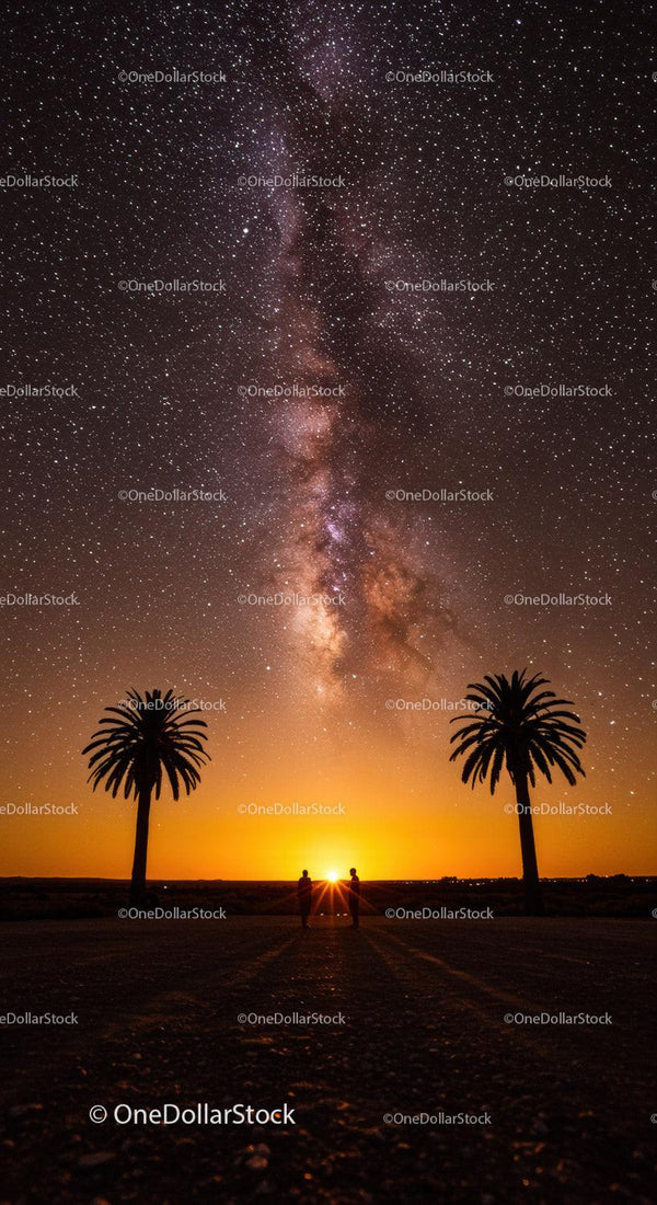Stunning Milky Way over Sunset with Palm Trees and Silhouettes