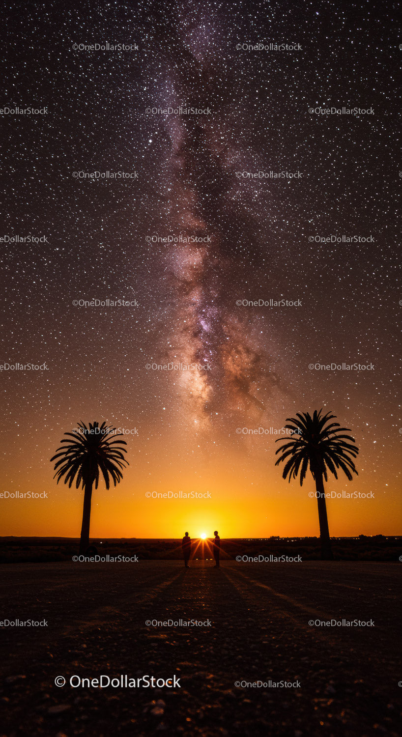 Stunning Milky Way over Sunset with Palm Trees and Silhouettes