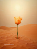 Single orange tulip blooming in soft desert dunes