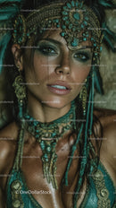 Elegant Woman in Tribal Jewelry with Turquoise and Gold Accessories