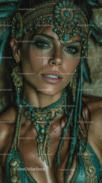 Elegant Woman in Tribal Jewelry with Turquoise and Gold Accessories