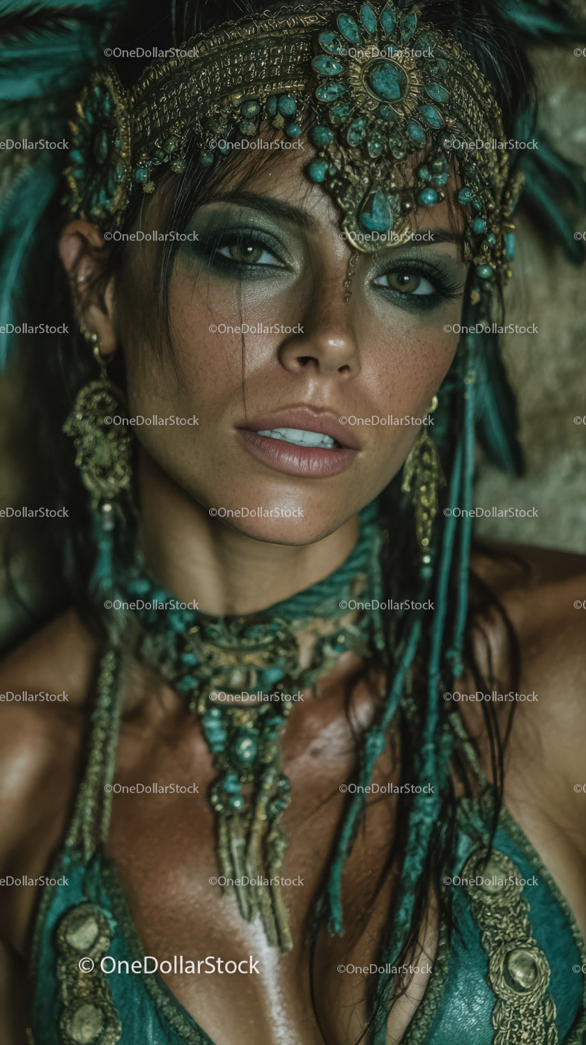 Elegant Woman in Tribal Jewelry with Turquoise and Gold Accessories