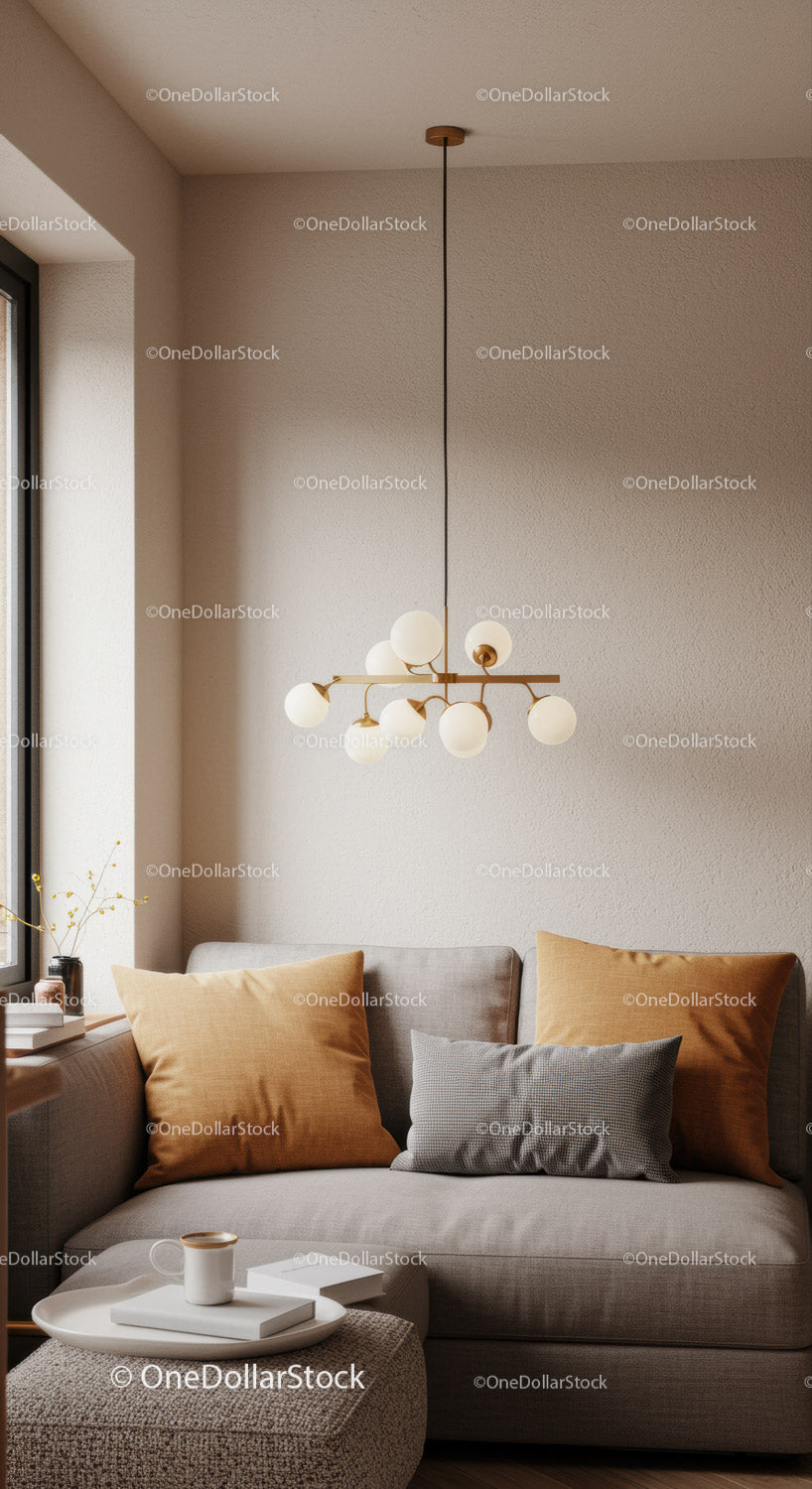 Nowoczesny salon z beżową sofą i stylową lampą sufitową
