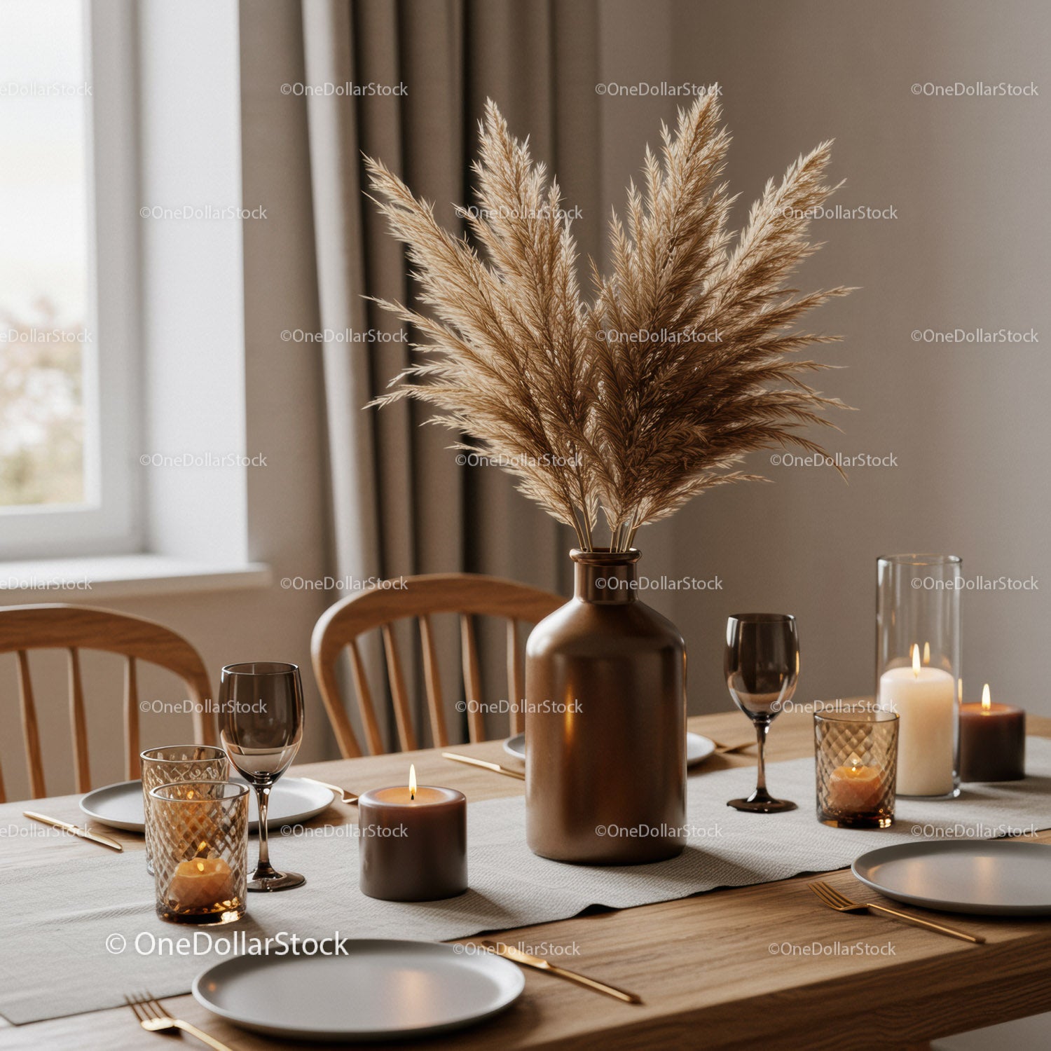Elegant Dining Table with Candlelit Decor and Pampas Grass Arrangement
