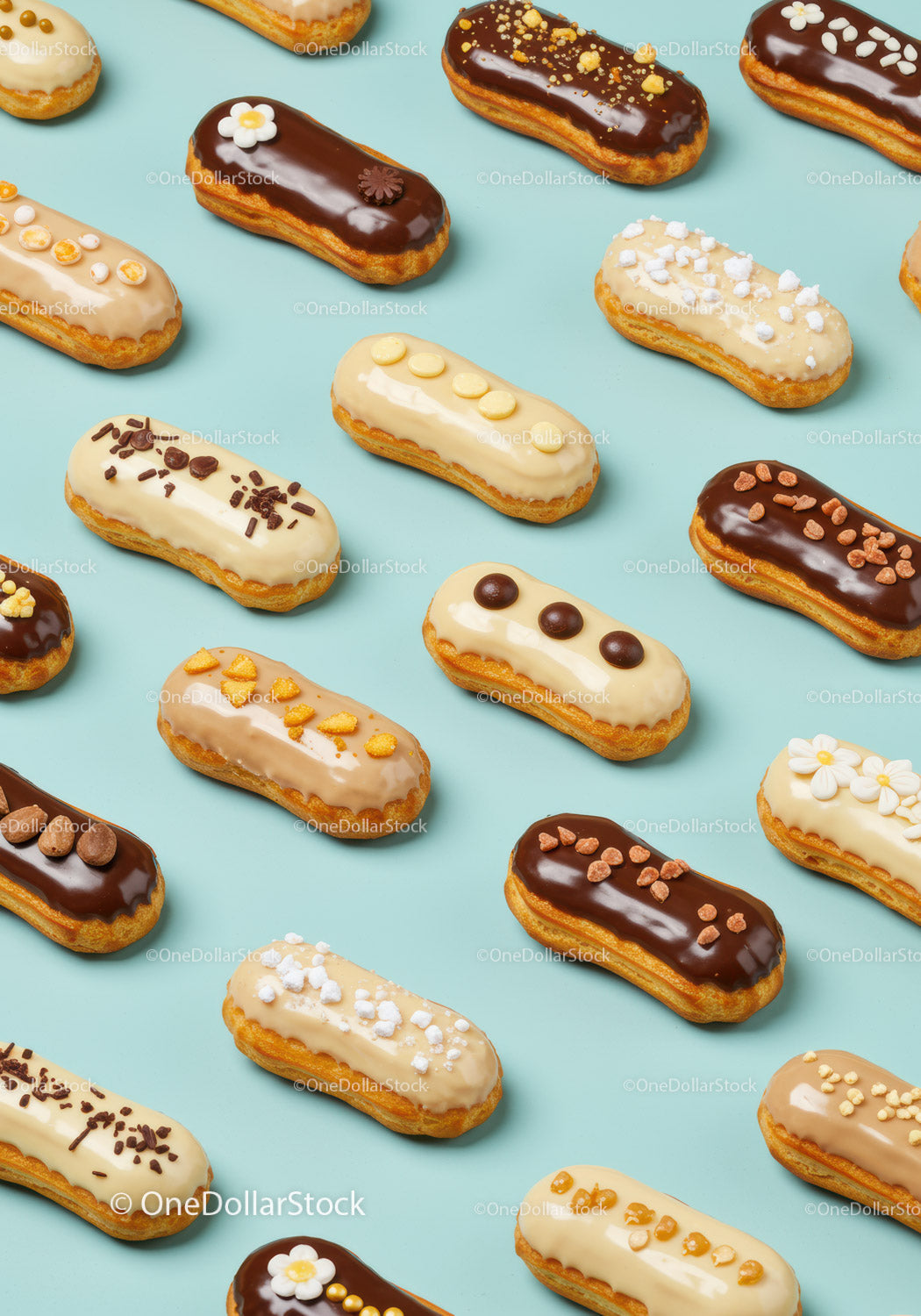 Variety of decorated éclairs on pastel blue background