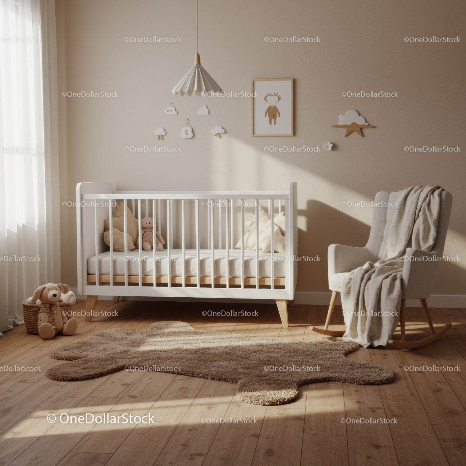 Cozy minimalist baby nursery with white crib and rocking chair