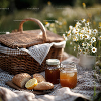 Outdoor Picnic with Fresh Baked Bread and Honey Jars in Sunlight
