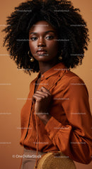 Elegant Woman Portrait Wearing Brown Satin Shirt and Gold Earrings