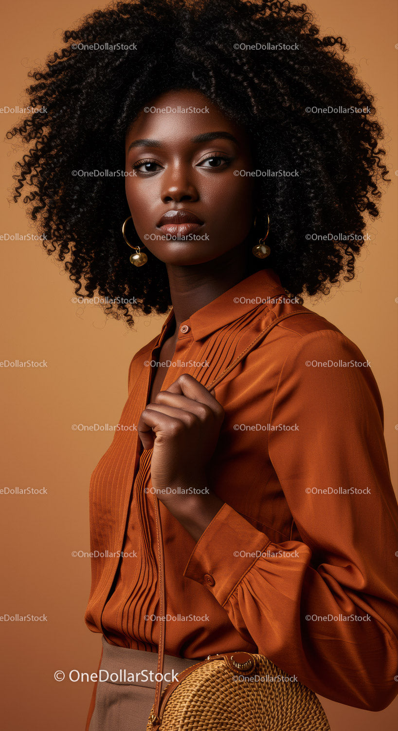 Elegant Woman Portrait Wearing Brown Satin Shirt and Gold Earrings