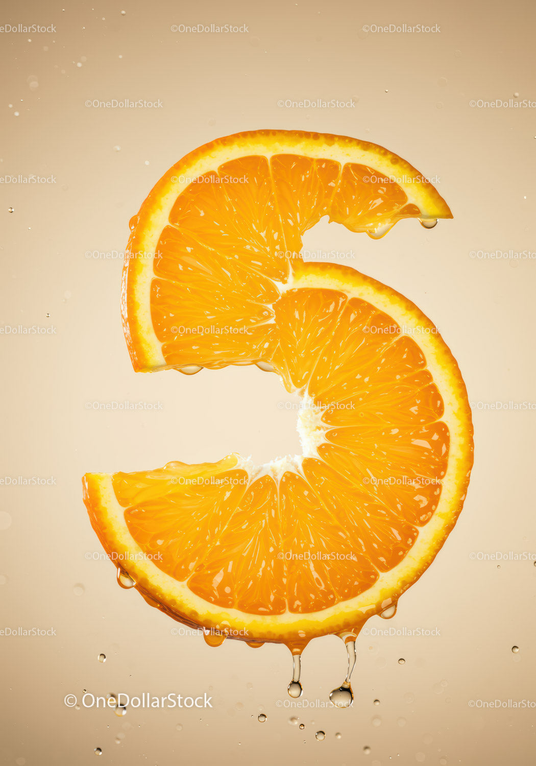 Fresh orange slice shaped as number five with drops