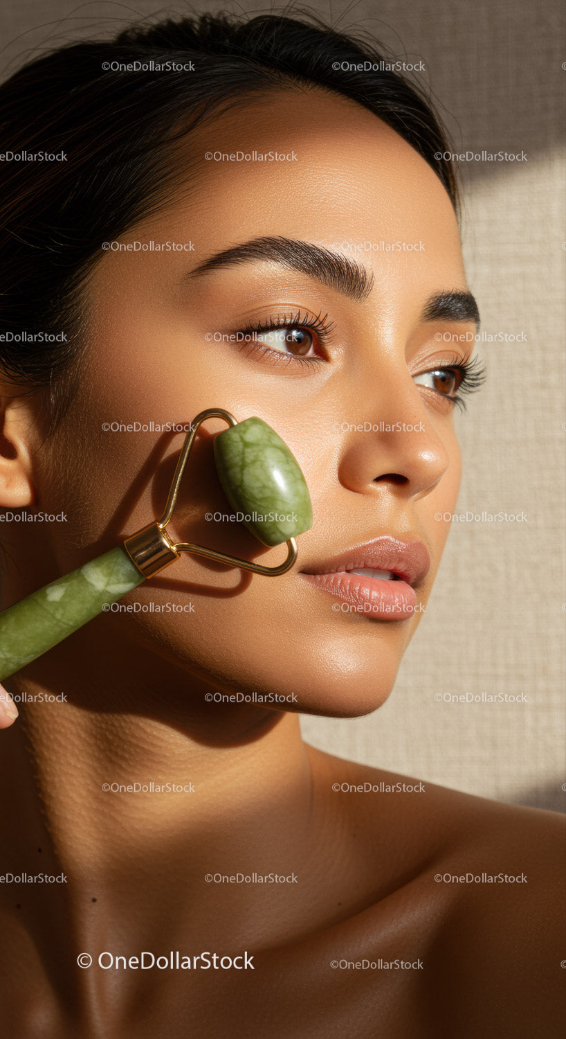 Close-up of Woman Using Jade Roller for Skin Rejuvenation and Relaxation