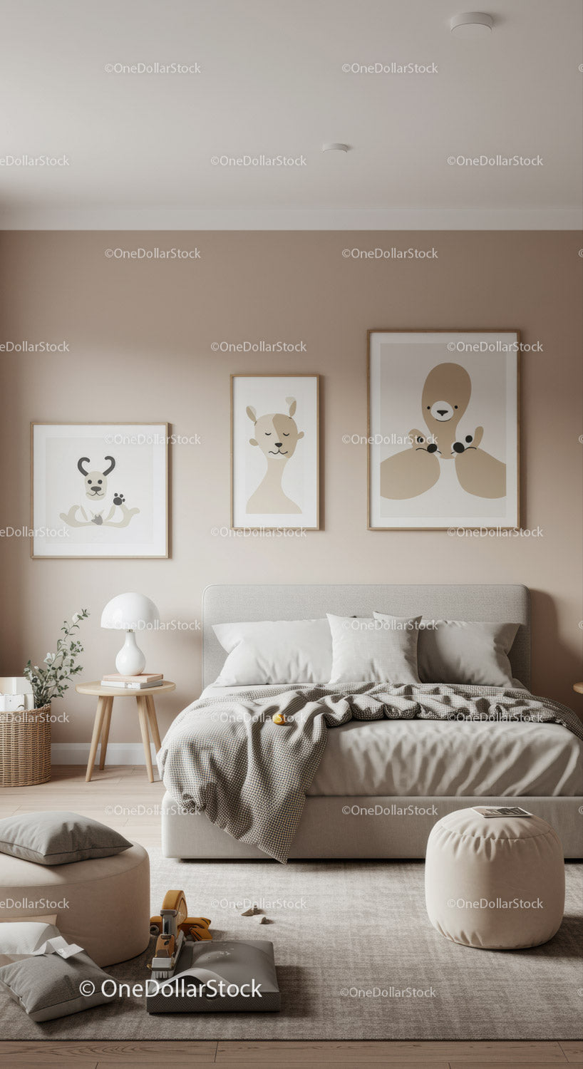 Przytulna sypialnia hotelowa z nowoczesną grafiką ścienną przedstawiającą zwierzęta i neutralnym wystrojem