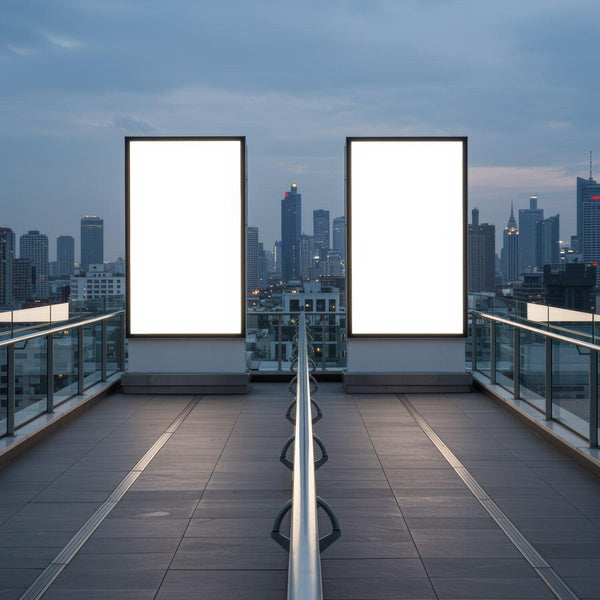 Urban rooftop with glowing advertising billboards at dusk JPG Mockup Image