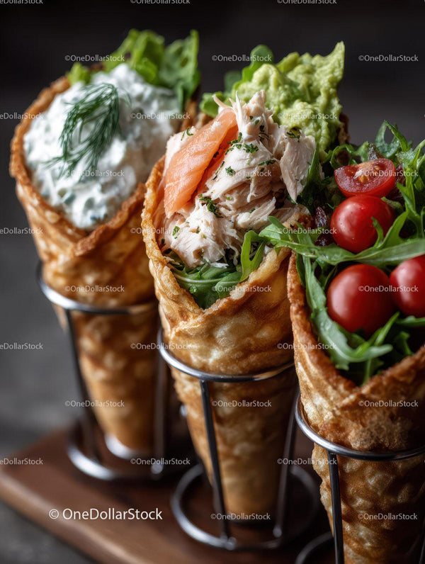 Fresh Vegetable and Chicken Salad in Crispy Waffle Cones