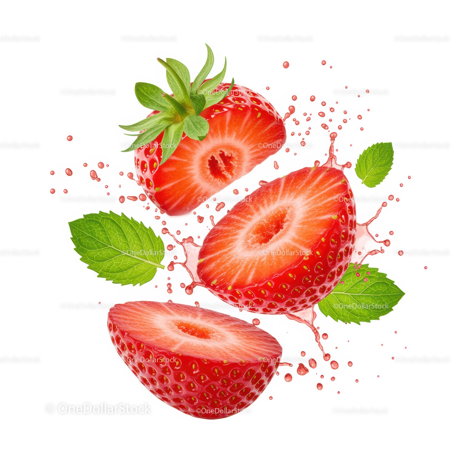 Fresh sliced strawberries with mint leaves splash