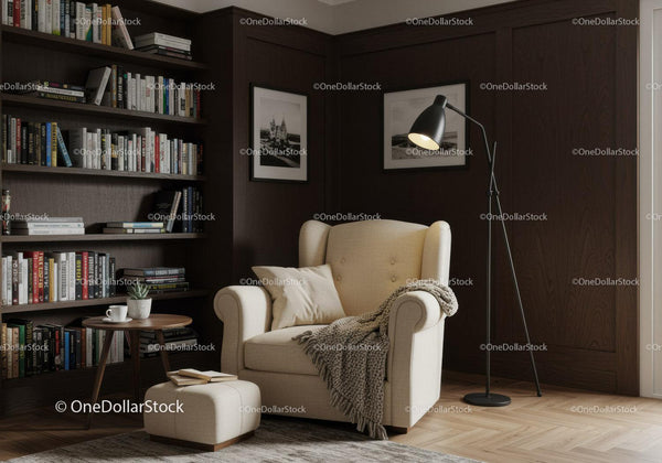 Cozy reading corner with beige armchair and dark wood shelves
