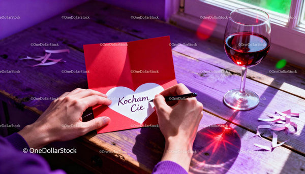 Writing a Valentine card with love message and wine glass