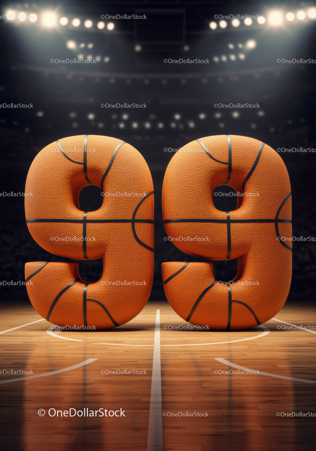 Number 99 in basketball style on hardwood court