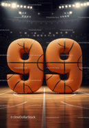 Number 99 in basketball style on hardwood court