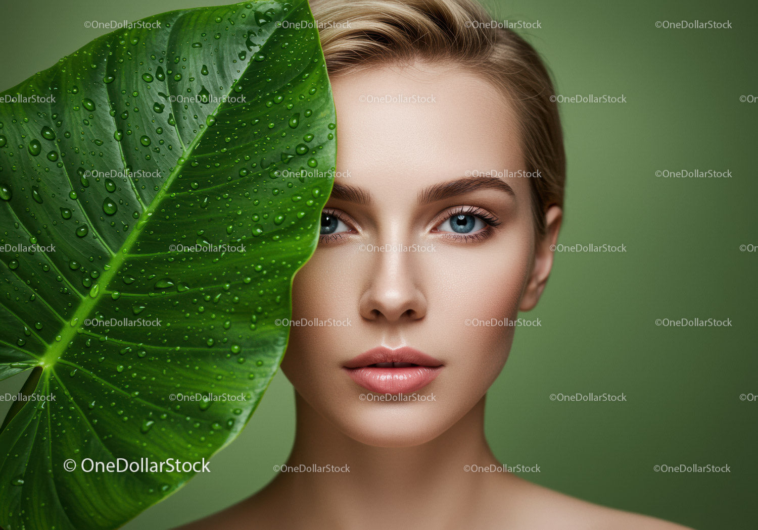 Young Woman with Bright Blue Eyes Behind Large Green Leaf with Water Droplets