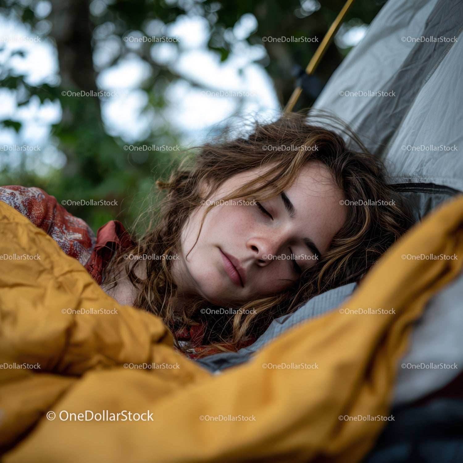 Young Woman Sleeping Peacefully in Outdoor Camping Tent in Nature Scene