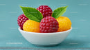 Fresh Raspberries and Yellow Berries in a White Bowl on Blue Background