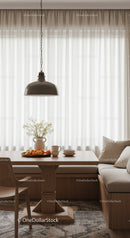 Minimalist Dining Room with Wooden Table and Beige Curtains