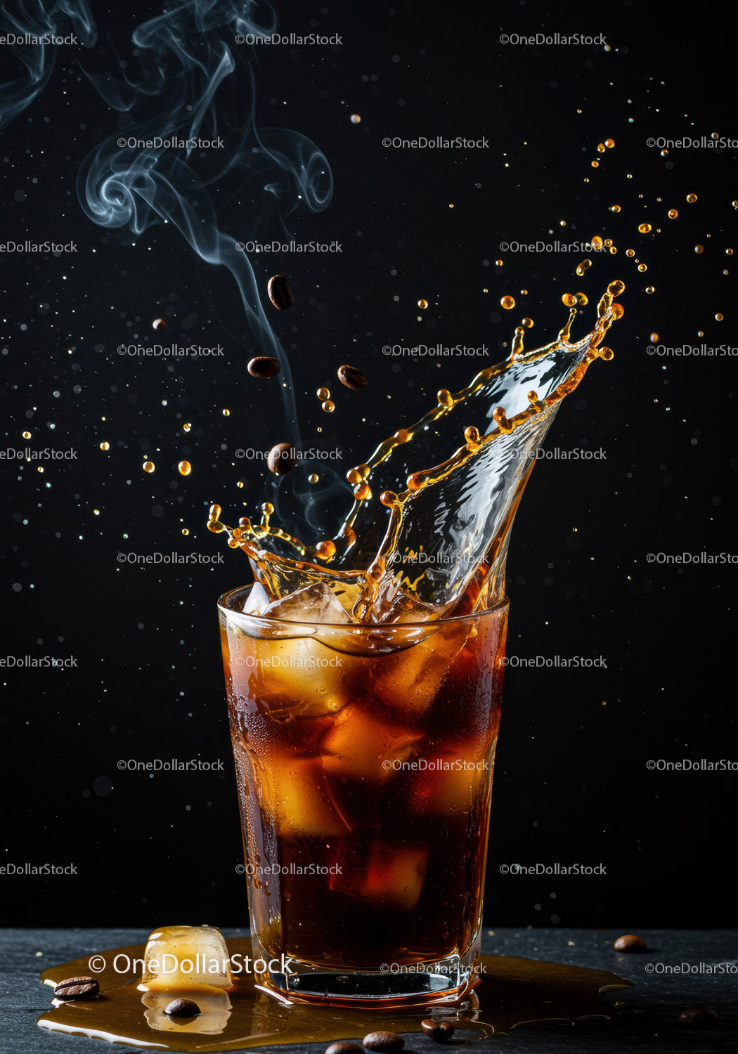 Cold Brew Coffee Splash with Coffee Beans and Ice Cubes