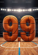 Basketball styled numbers 9.9 on court floor