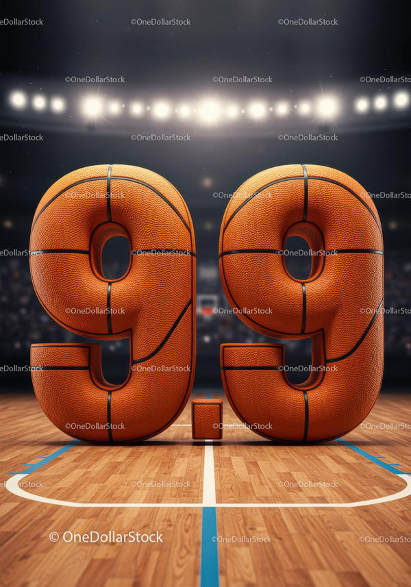 Basketball styled numbers 9.9 on court floor