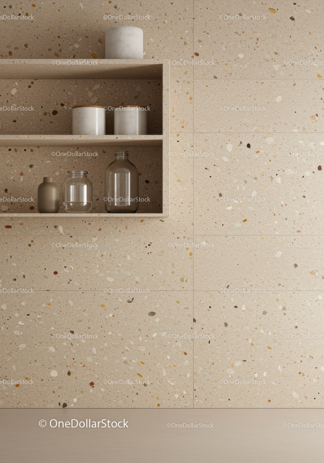 Elegant Modern Kitchen with Beige Terrazzo Wall and Stylish Shelves