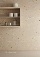 Elegant Modern Kitchen with Beige Terrazzo Wall and Stylish Shelves