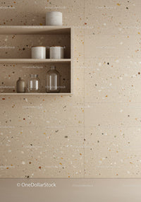 Elegant Modern Kitchen with Beige Terrazzo Wall and Stylish Shelves