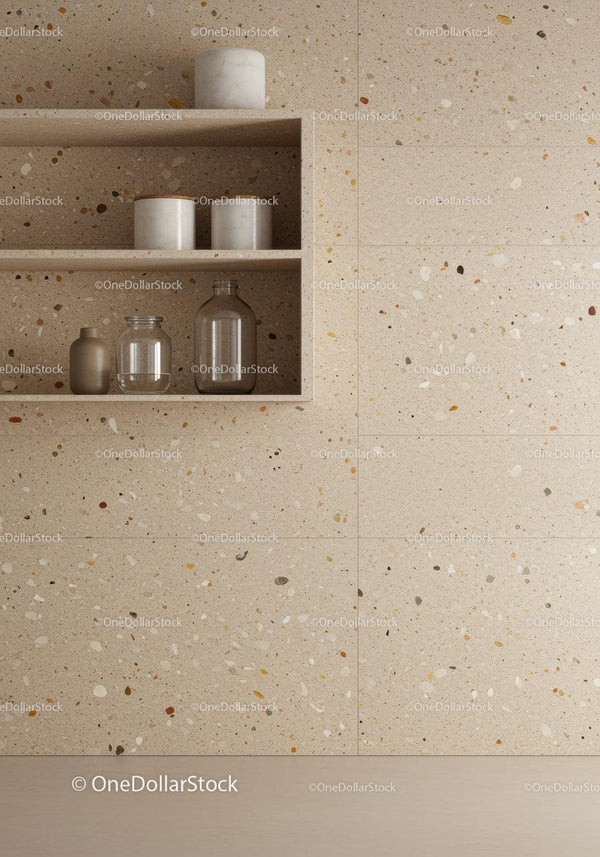 Elegancka nowoczesna kuchnia z beżową ścianą terrazzo i stylowymi półkami
