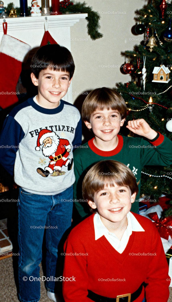 Three boys smiling by decorated Christmas tree indoors