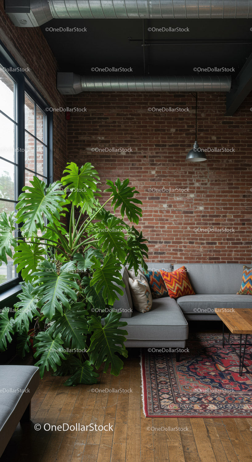 Modern Loft Living Room with Large Indoor Monstera and Vintage Rug