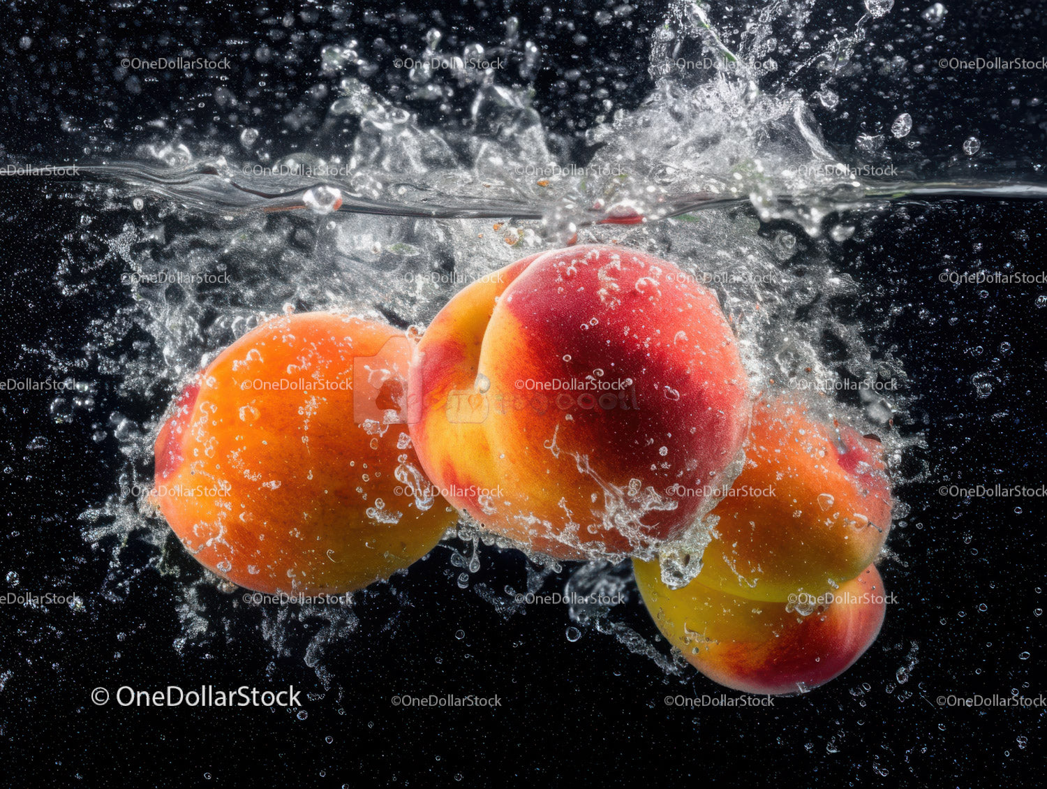 Fresh Juicy Peaches Splashing in Water Under Dark Background